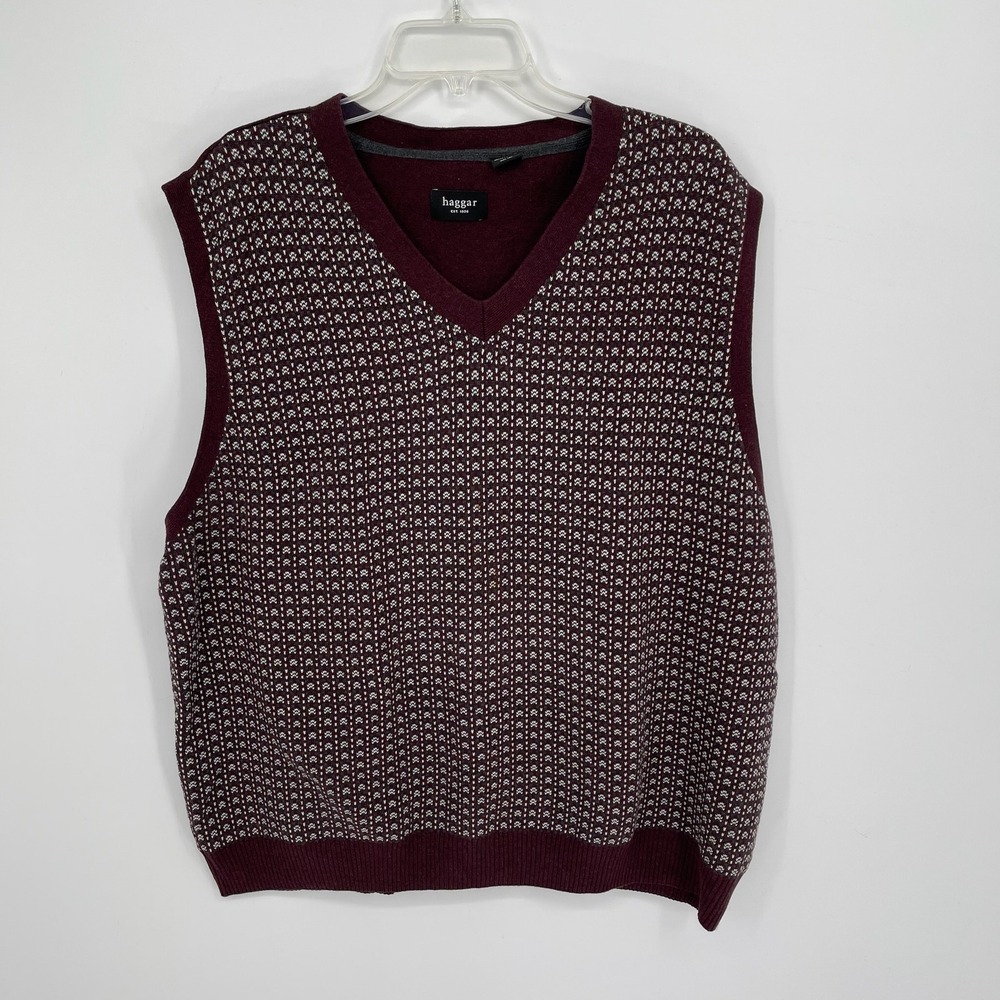 Haggar Men's Burgundy Geometric Knit V-Neck Preppy Sweater Vest Size XXL 2XL